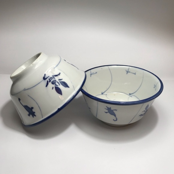 Rare Chinese Blue White Floral Porcelain Rice Noodle Bowls-Vintage set of 2 - Picture 1 of 8
